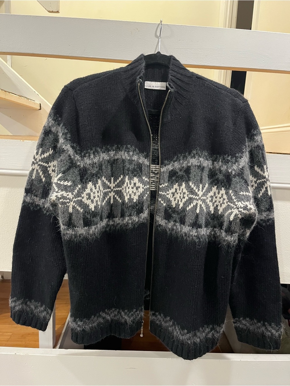 Vintage Croft & Barrow Black Zip-Up Fair Isle Knit Sweater - Silk & Wool